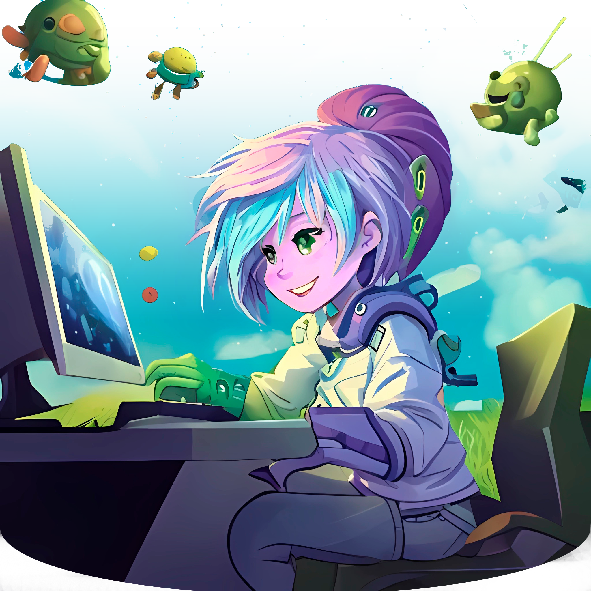 Firefly Un personaje con el pelo de colores trabajando en una computadora futurista, en una habitaci (2) (1)